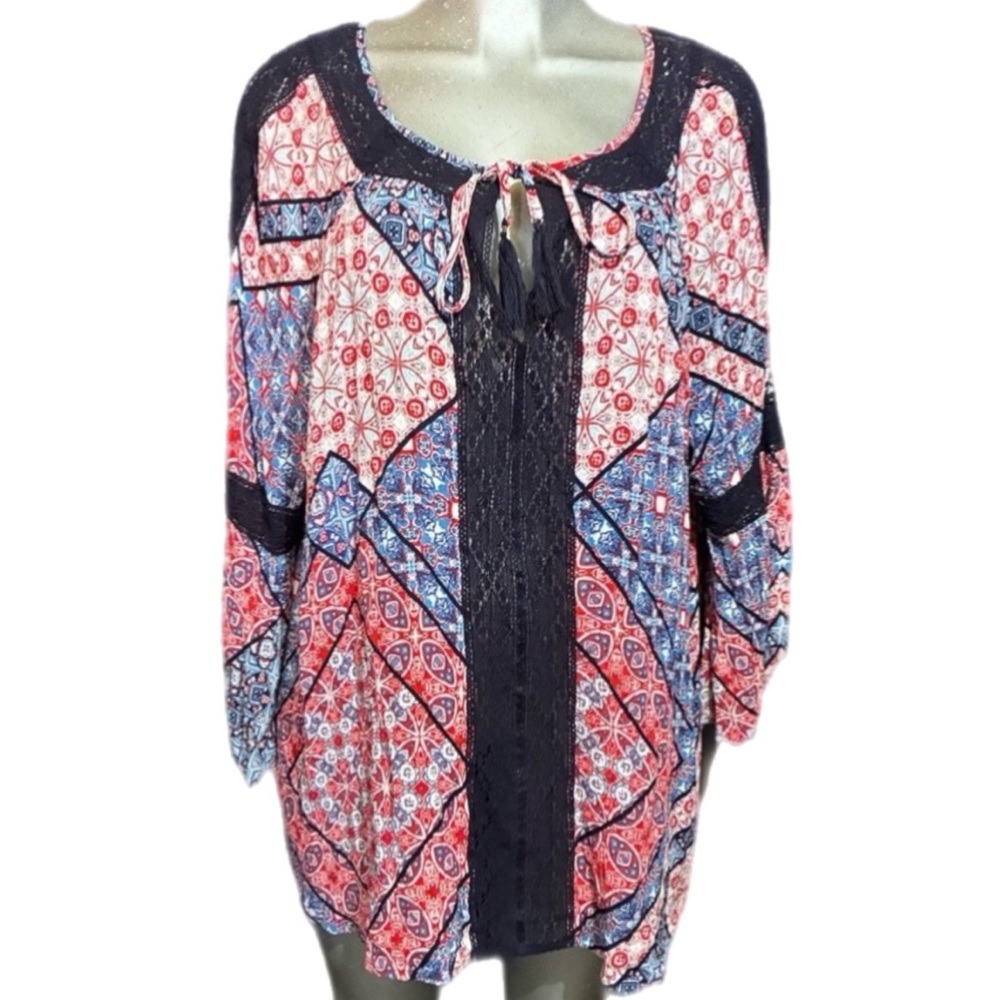 Jessica Simpson Tunic Top Patchwork Bohemian Crochet Lace Plus Size 2X Festival